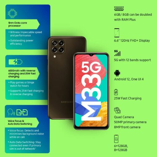 Samsung Galaxy M33 5G 8GB Memory, 128GB Storage, Upto 16GB RAM with RAM Plus, 6000mAh Battery, Without Charger, Emerald Brown at Cardless EMI