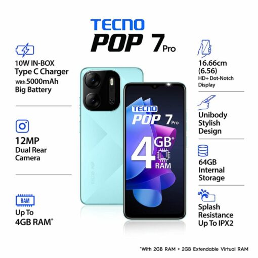 Tecno POP 7 Pro 2GB 64GB Uyuni Blue ICICI Cardless EMI